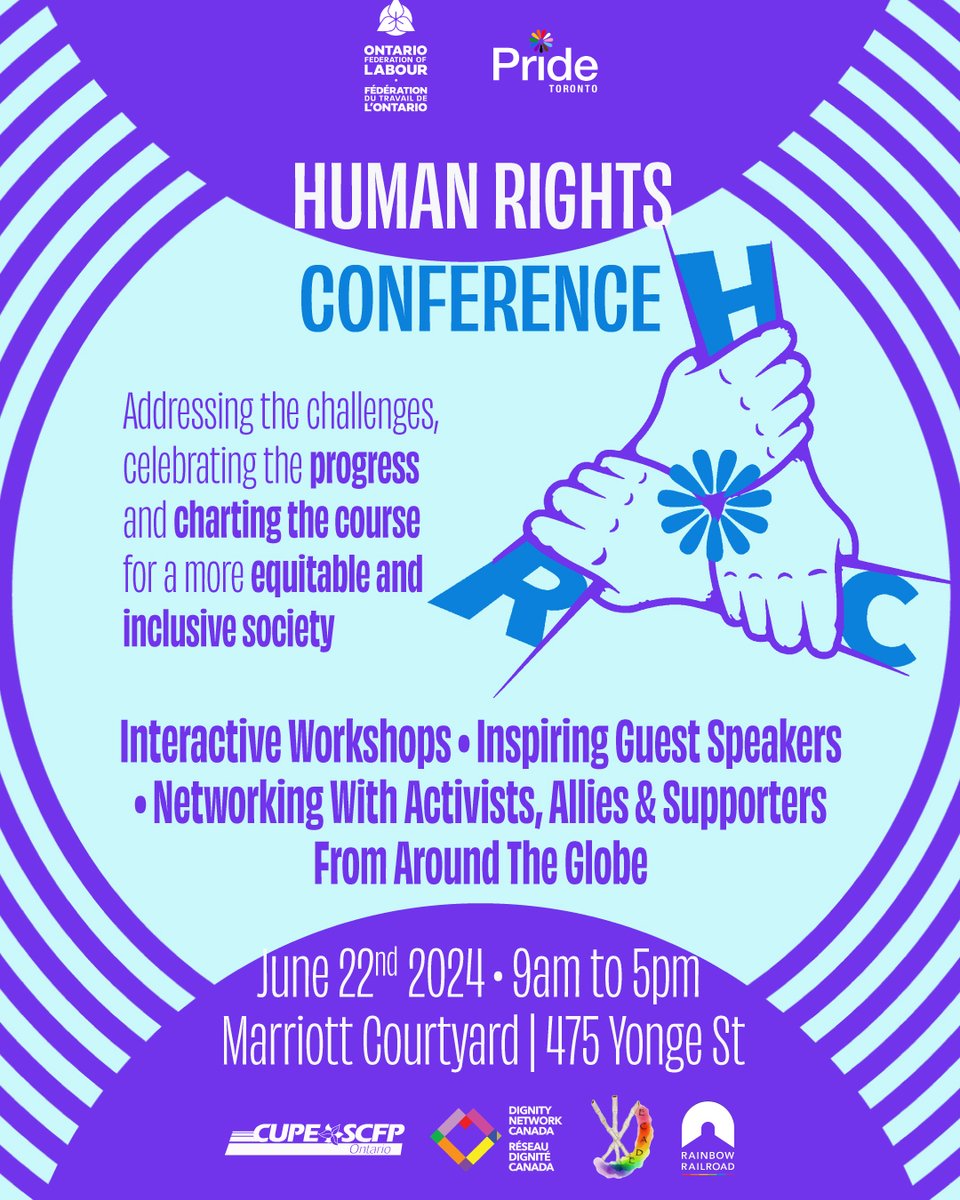 Sat June 22. This 1 day conference addresses challenges, celebrates progress & charts the course for an equitable & inclusive society. Register: universe.com/events/human-r… June 22nd|9am-5pm| Marriott Courtyard-475 Yonge
