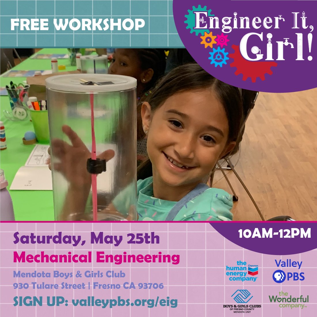 On May 25, 2024 Valley PBS and Chevron will be traveling to Mendota for Mechanical Engineering from 10am to 12pm. Let’s Engineer It, Girl! Sign-up: valleypbs.org/eig