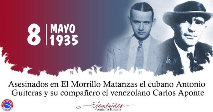 #Guaimaro 
8 de marzo de 1935 son asesinados en el Morrillo el joven revolucionario  Antonio Guitarras, su lucha antimachadista y su pensamiento antimperialista lo convierten en ejemplo para las nuevas generaciones de cubanos.
#TenemosMemoria 
#GuaimaroVaPorMasYConTodos