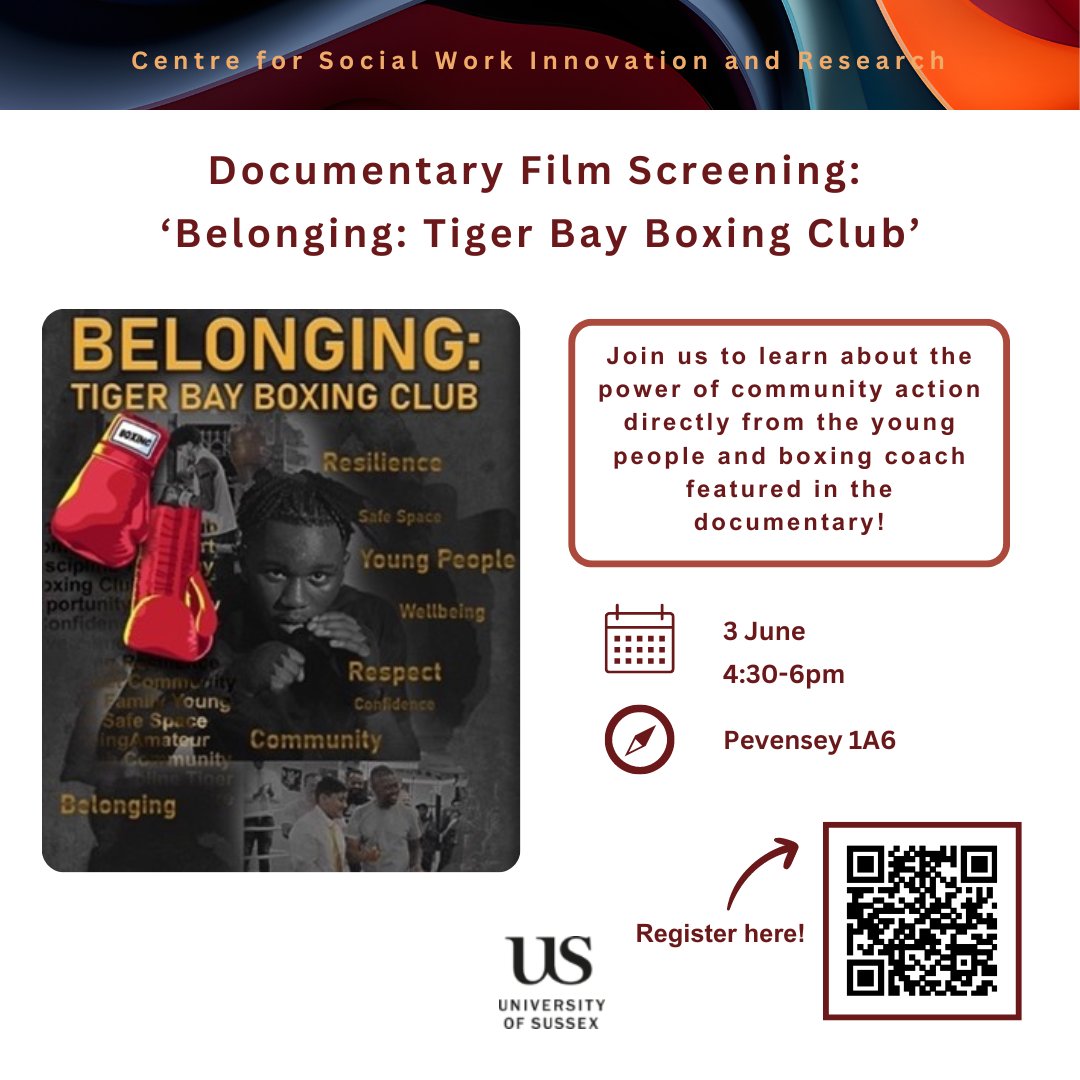 Interested in the power of community action and documentary filmmaking? Join us for: 'Belonging: Tiger Bay Boxing Club' by Florence Ayisi 🗓️3 June, 4:30-6pm 🧭Pevensey 1A6 With the documentary participants and @AnnaGupta2 (Co-POWeR)! 🔗buytickets.at/universityofsu…