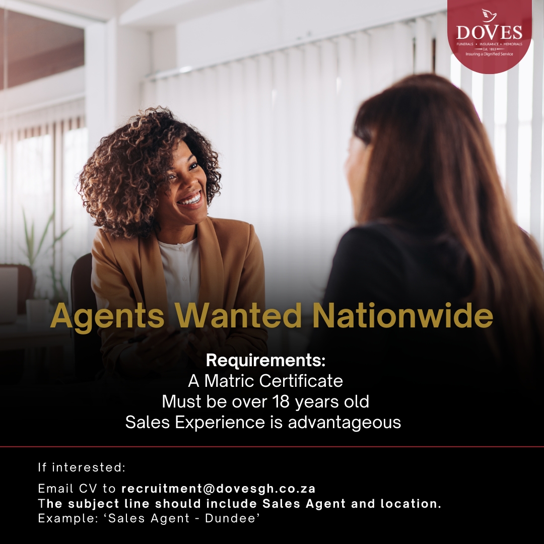 Doves_Insurance's tweet image. We are looking for agents to join our sales team! If you're interested in joining the Doves family:

Email CV to recruitment@dovesgh.co.za
The subject line should include Sales Agent and location. Example: ‘Sales Agent - Dundee’
#DovesInsuranceSA