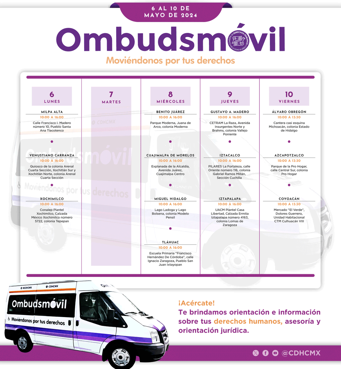 ¡Acércate a nuestras unidades #Ombudsmóvil! En ellas encuentras orientación y otros servicios que ofrecemos completamente gratis. Te compartimos ubicaciones y horarios: cdhcm.org.mx/delegaciones-d…