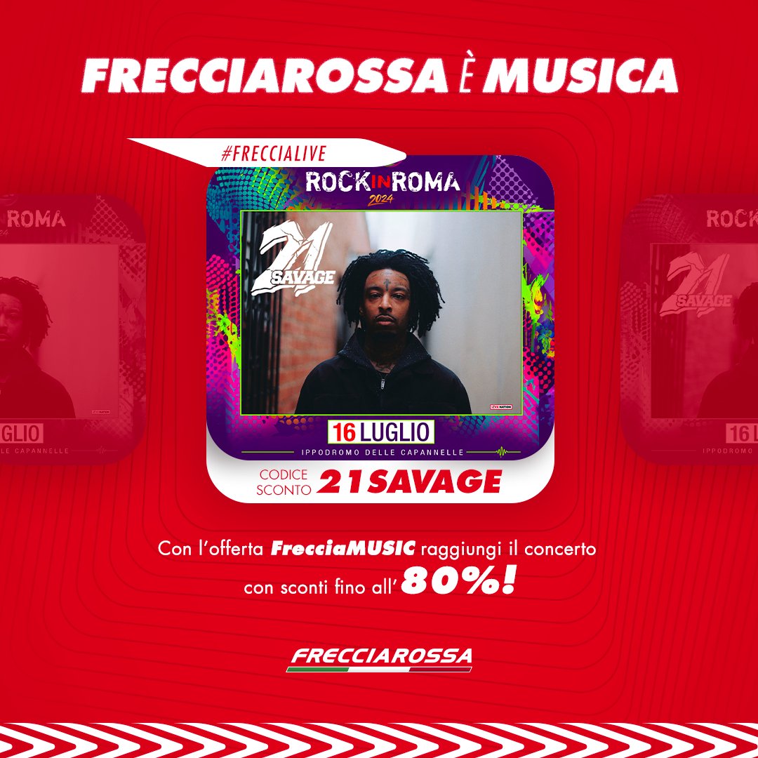 Dagli USA alla capitale per un live imperdibile! 🇺🇸🎶 
Raggiungi @21savage al #RockInRoma con l’offerta #FrecciaMUSIC: usa il codice 21SAVAGE e viaggia ad Alta Velocità con sconti fino all’80% 👉 bit.ly/FR21Savage #21Savage #FrecciaLive @LiveNationIT @indipendente