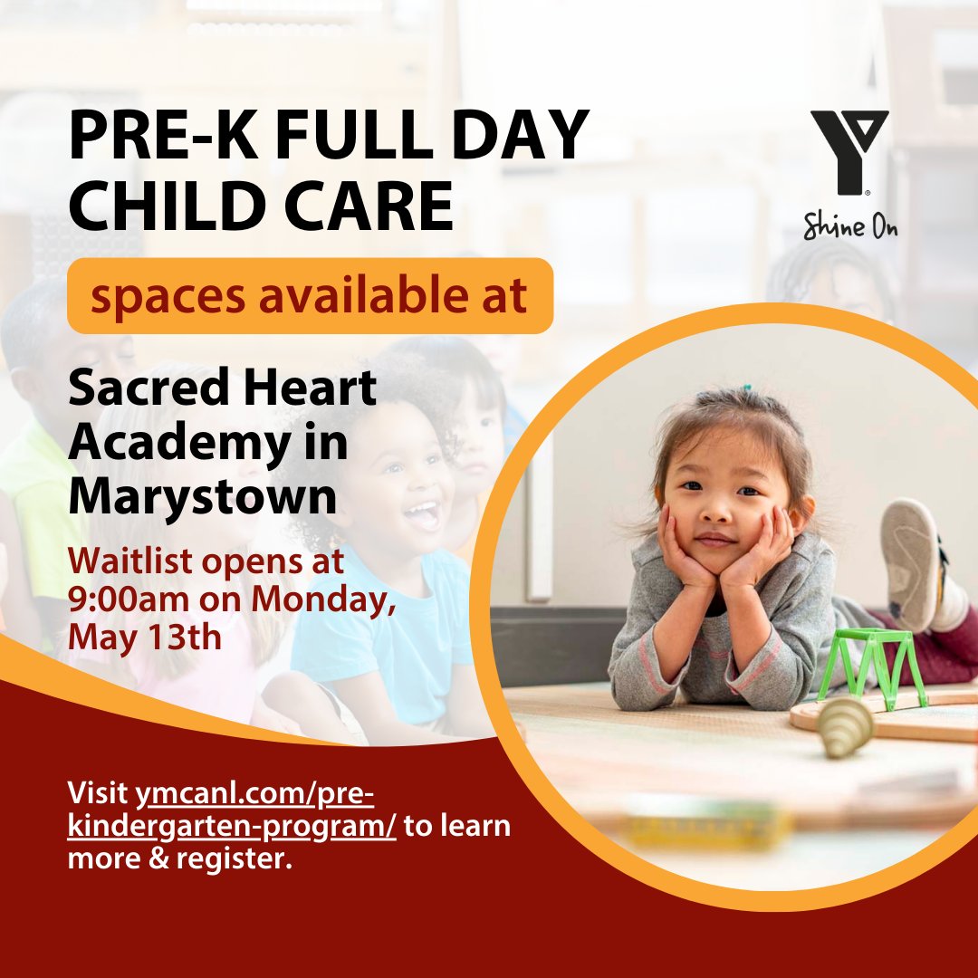 Waitlist registration for YMCA Pre-K full day child care is set to open for Sacred Heart Academy in Marystown! Waitlist opens on Monday, May 13th at 9:00am. Spaces are limited & applications are processed in the order received. ymcanl.com/pre-kindergart… @NLSchoolsCA @EDU_GovNL