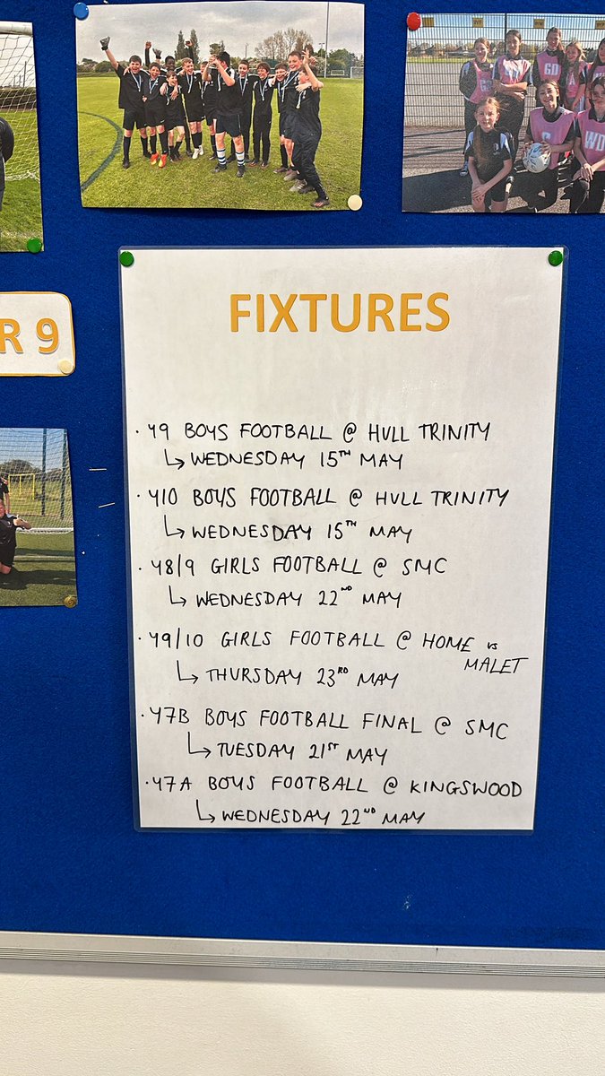 ⚽️UPCOMING FIXTURES🙌🏼
Check out our upcoming fixtures on the noticeboard and speak with the PE teachers about team lists!!