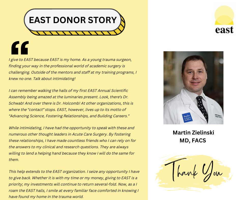 Thank you to Dr. Martin Zielinski (@ZielinskiTrauma) for supporting the EAST Development Fund! To connect with Dr. Zielinski, please visit the Member Directory from your EAST profile: bit.ly/3XRY91i To share your EAST Donor Story, visit: bit.ly/3gWBaza