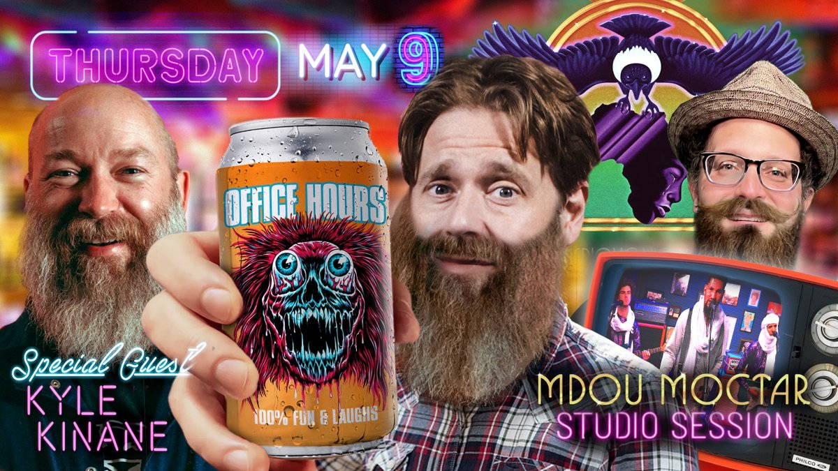 Oil up your beard and break out the triple IPA because comedian @kylekinane is joining us in studio, and we'll premier an EXCLUSIVE studio session with guitar master @MdouMoctar and his red hot band! Tune in LIVE tomorrow Thurs. 5/9 at 10am PT (1pm ET) at youtube.com/officehourslive