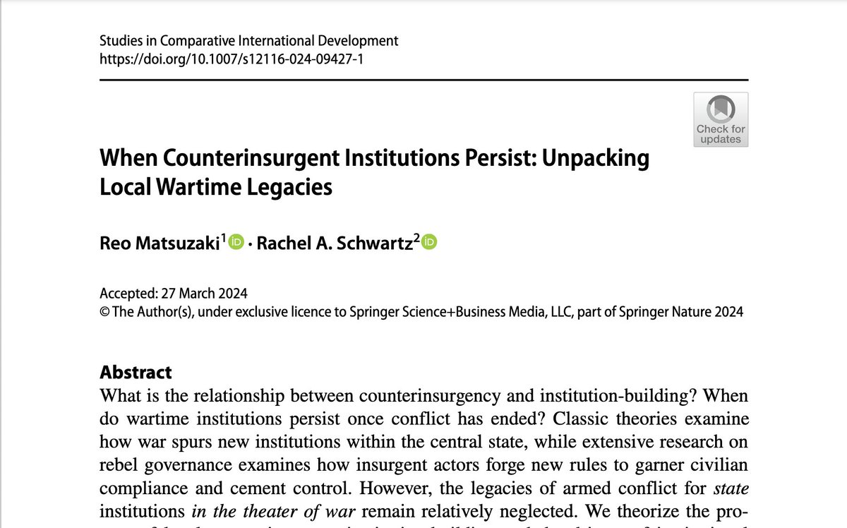 Excited to share this new @SCID__journal article co-authored with Reo Matsuzaki on the persistence and legacies of counterinsurgent institutions at the local level, examining cases in #Nicaragua and #Indonesia. It can be accessed for free 👇 rdcu.be/dHgnq