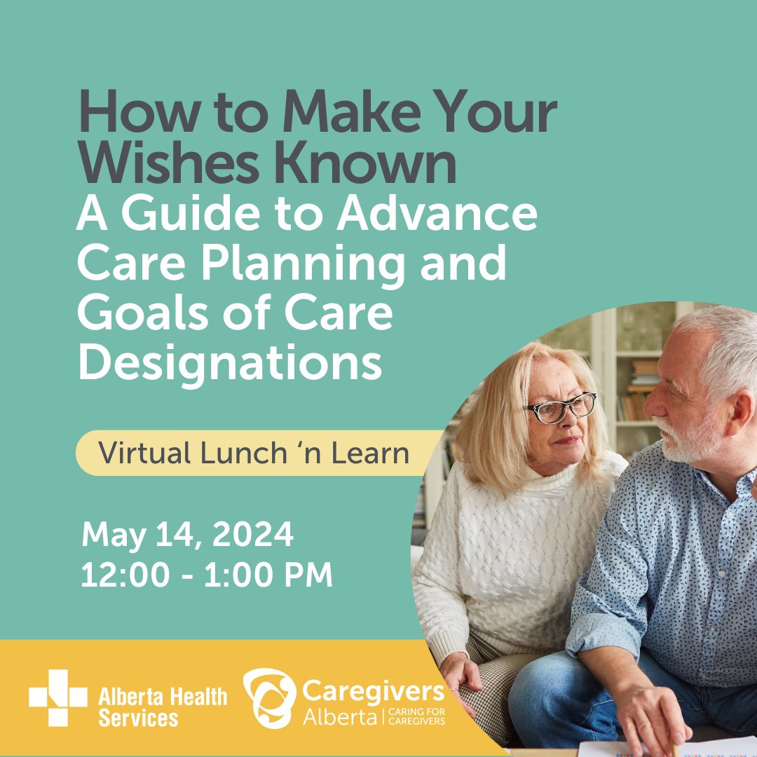 Don't forget to register for the May 14 Lunch n’ Learn with Caregivers Alberta, Alberta Health Services and expert Corinne Spronken to learn about advanced care planning!
May 14, 12:00 to 1:00 PM
Register now! bit.ly/49MK6z
#CaregiversAlberta #GoalsOfCare