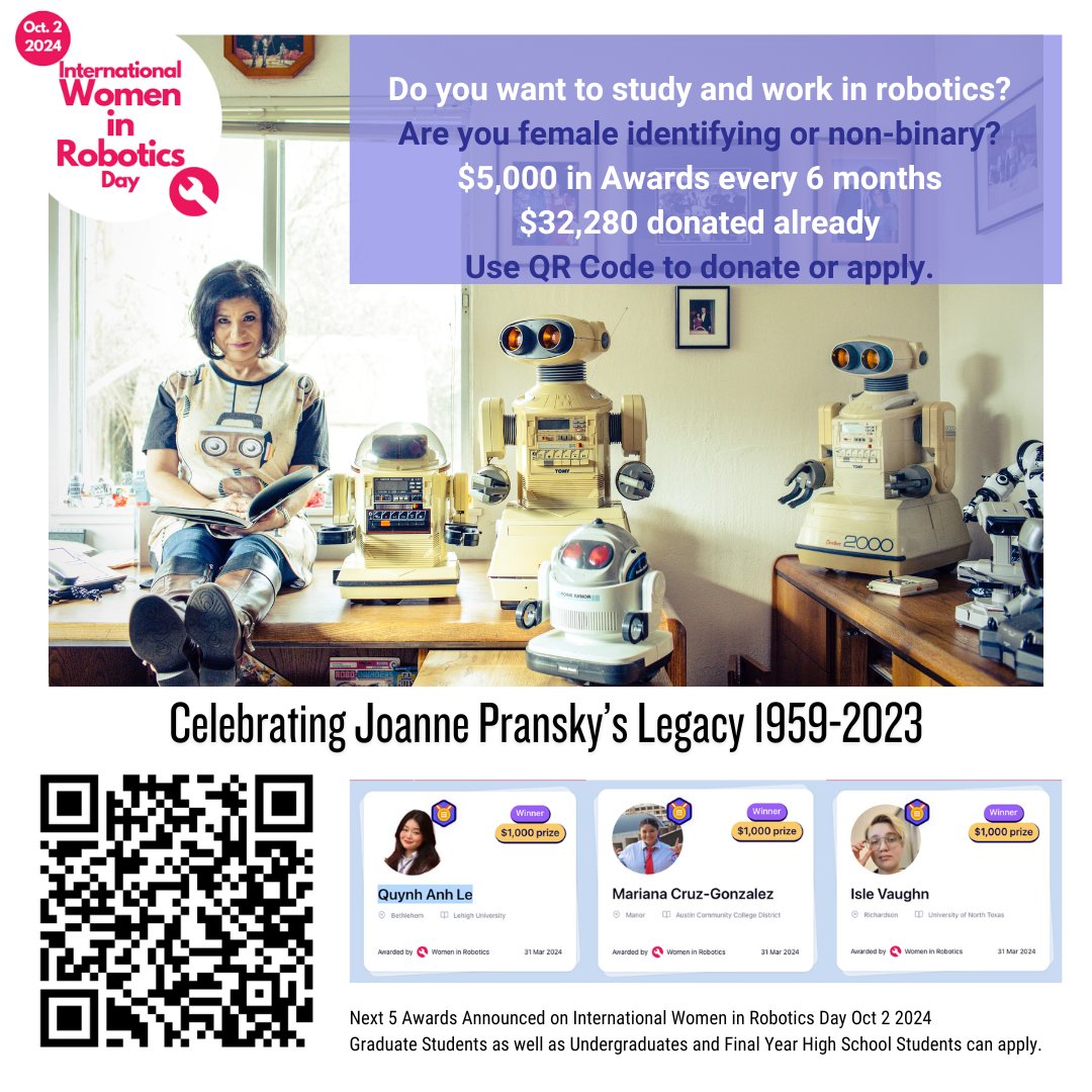 May the Fourth be with you! Joanne Pransky, the world's first RoboPsychiatrist, passed away last year on May 4 and family and friends asked Women in Robotics to launch a scholarship for young women in Joanne's memory. bold.org/scholarships/j…