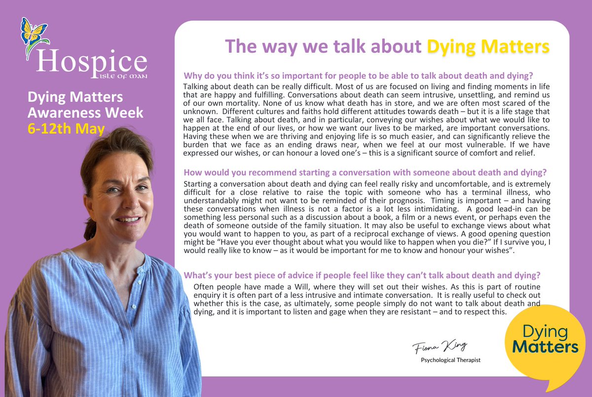 Please meet our Psychological Therapist; Fiona King, who supports individuals through the adjustment and stressors that accompany loss, uncertainty and change. Here are Fiona’s tips for getting through those hard conversations. #DyingMatters2024