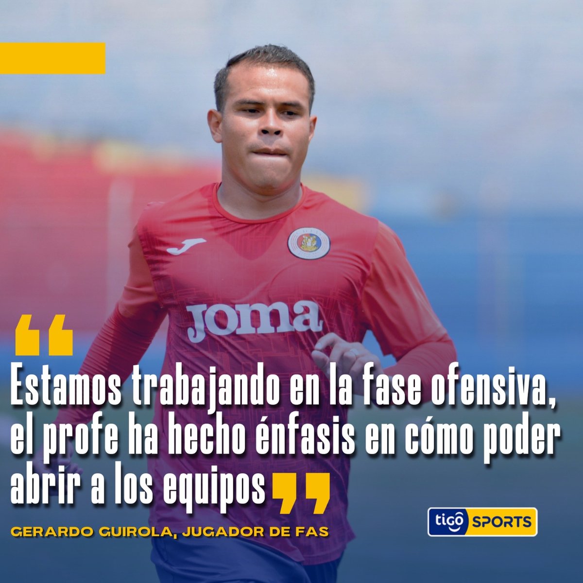 #LaPrimeraEnTigoSports | LA FRASE 🗣️

🐯 Gerardo Guirola brindó declaraciones previo a la ida de cuartos de final e hizo énfasis en mejorar la parte ofensiva. ⚽️

🐅 El lateral de FAS, también comentó que buscarán darle una alegría a su afición consiguiendo el pase a semifinales.