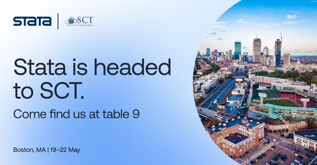 Attending #SCT2024 in Boston? Swing by the Stata booth to meet @StataChuck and our team of experts. Discover how Stata can empower your clinical trial research. Be sure to register for our preconference workshop on power and sample-size calculations. buff.ly/3doZYwP