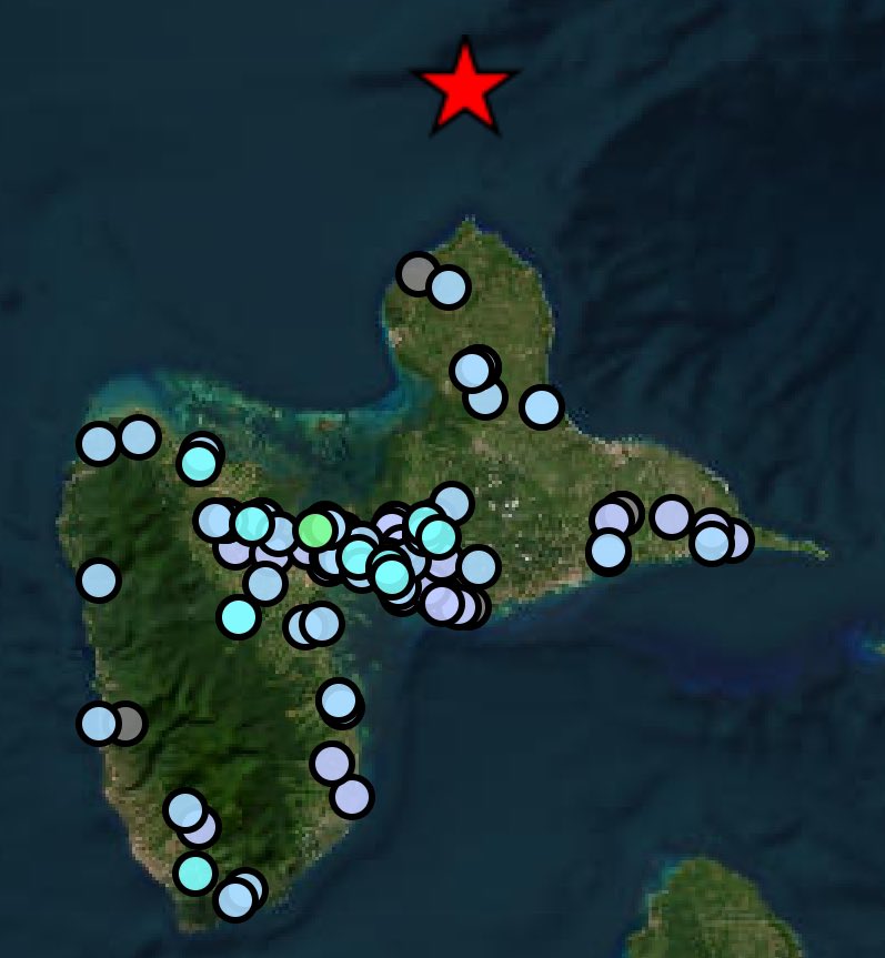 ⚠️🌎 #Guadeloupe : Un #séisme largement ressenti de magnitude 5,2 (± 0.2) a été enregistré à 26km au Nord de Petit-Canal et à 73km de profondeur, ce mercredi 8 mai à 10h44.

Aucun dégât n’a été observé sur nos îles pour le moment.