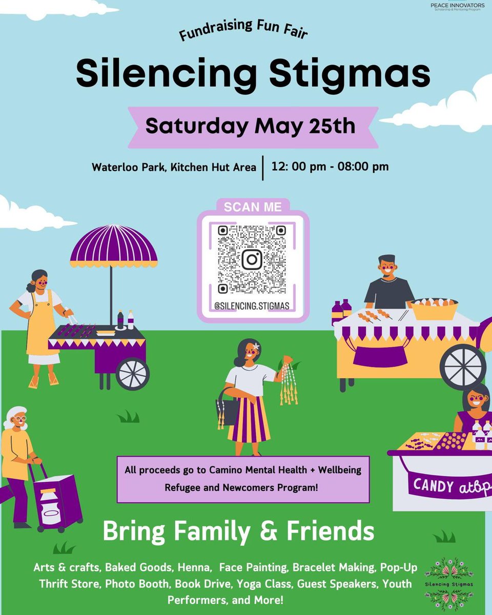 Don't miss this great event on Saturday, May 25th at 12pm-8pm in Waterloo Park! Two of this year's Peace Innovators have created @silencing.stigmas and are putting on this fantastic event in support of @caminowellbeing's Refugee and Newcomers Program!