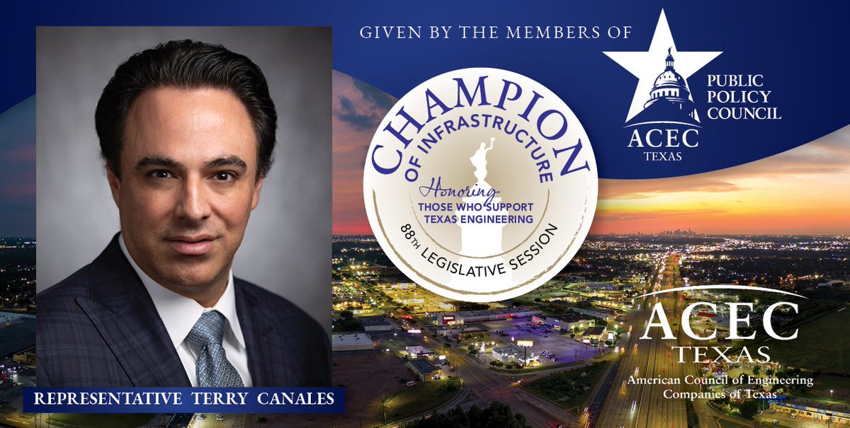 Since 2019, Chairman @TerryCanales40 has led the House #Transportation Committee & the charge on investing in our state's mobility system. @acectx extends our appreciation & recognizes him as a Champion of #Infrastructure. #txlege Read more: acectx.site-ym.com/page/88thChamp…