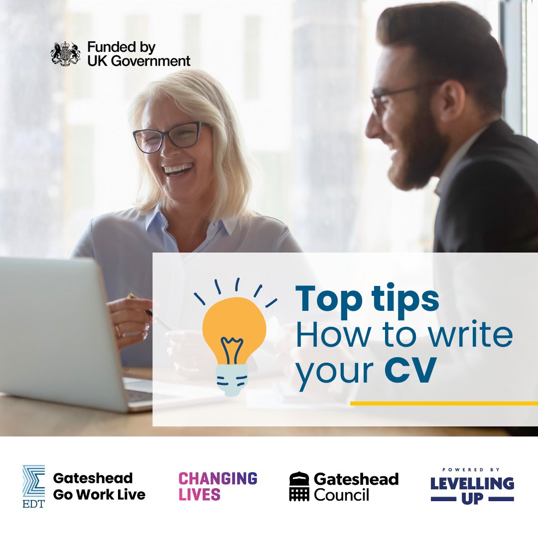 #Gateshead Go Work Live can help you with your CV, here are some tips:⭐Customise your CV for each job ⭐Have examples of how your experience match the job description ⭐Set your CV out into clear sections. Visit: ow.ly/TzUp50RygiC
#northeastjobs #FreeCourse
