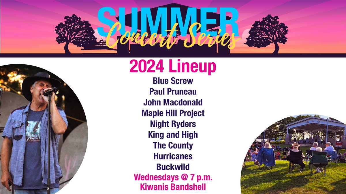 The City of North Bay is excited to announce the lineup for this year's Summer Concert Series! Grab your lawn chairs and join us at the Kiwanis Bandshell for a night of live music and community spirit. For more details visit: northbay.ca/summerconcerts