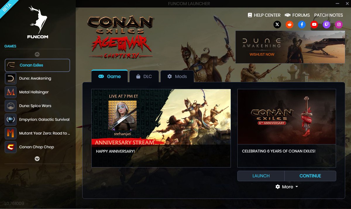 It was so cool to open the @ConanExiles launcher and see this today. 🥺😭 Thank you @Funcom - you're the best! 💕 Congrats and happy 6th #anniversary to #ConanExiles! 🥂 I can't wait for the stream later - SO many giveaways planned. 👀