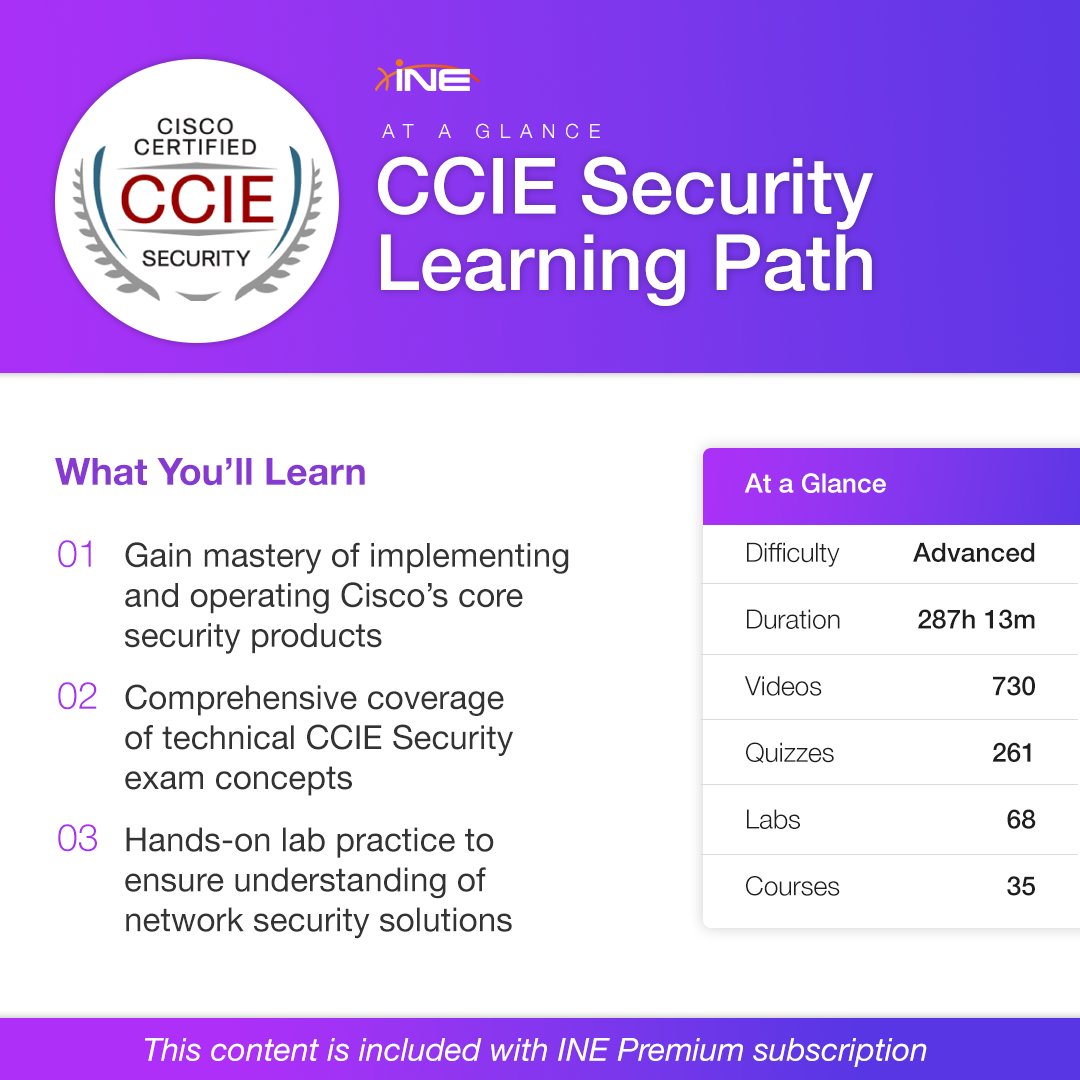 Is the CCIE Security certification on your bucket list? 

Start prepping for the exam with INE's in-depth courses to help you feel confident on exam day: bit.ly/3QvIyDM

#CCIE #cisco #networkengineer