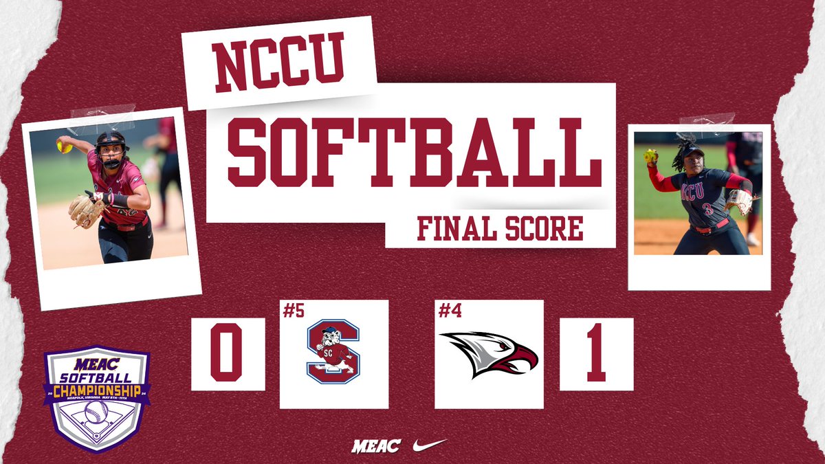 FINAL SCORE! The Eagles won their opening game of the 2024 MEAC Softball Championship by defeating SC State, 1-0. Jaden Davis (left) tossed a one-hit shutout and Samaria Jackson (right) drove in the only run. NCCU advances to play Morgan State at 3 p.m. #EaglePride