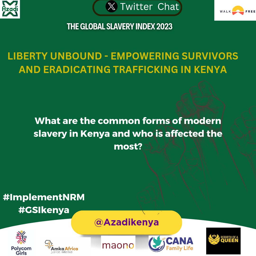 AzadiCommunity's tweet photo. Hello Friends,
Question 1
As we begin, welcome to our Twittee char. let's break the silence on the existing forms of modern slavery in Kenya and the harsh realities faced by kenyans.
@LabourSPKE @WalkFree @EstherPassaris @InteriorKE
#ImplementNRM
#GSIKenya https://t.co/hCzFWjIoKp