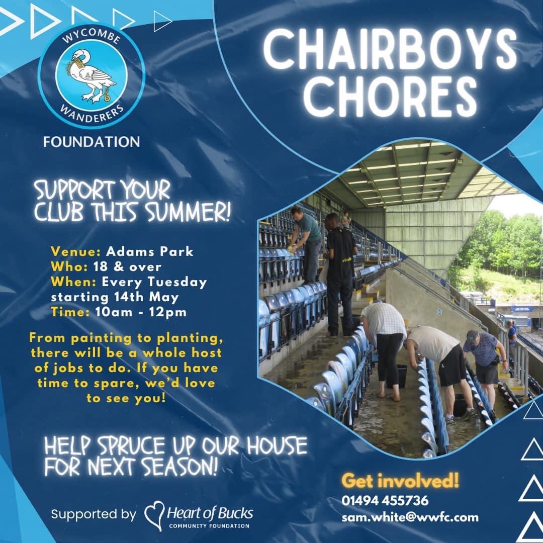 🌟 Calling all #Chairboys fans! The end of the season marks the return of 𝑪𝒉𝒂𝒊𝒓𝒃𝒐𝒚𝒔 𝑪𝒉𝒐𝒓𝒆𝒔, supported by @HeartOfBucks - join us in maintaining Adams Park and connect with fellow supporters. Contact sam.white@wwfc.com to get involved! 📩