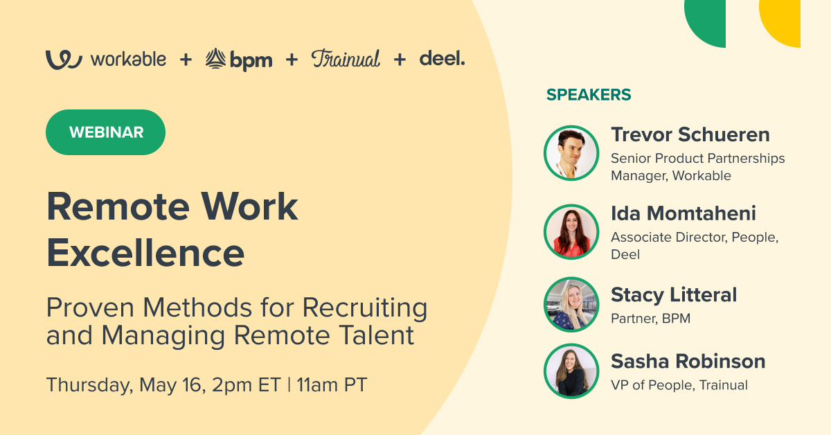 📣 Join us for Remote Work Excellence: Tips for Recruiting and Managing Talent on Thursday, May 16th! We’re teaming up with @deel, @Trainual, and @BPM to bring you expert tips on how to effectively hire and manage remote employees. Save your seat: hubs.ly/Q02wwhrJ0