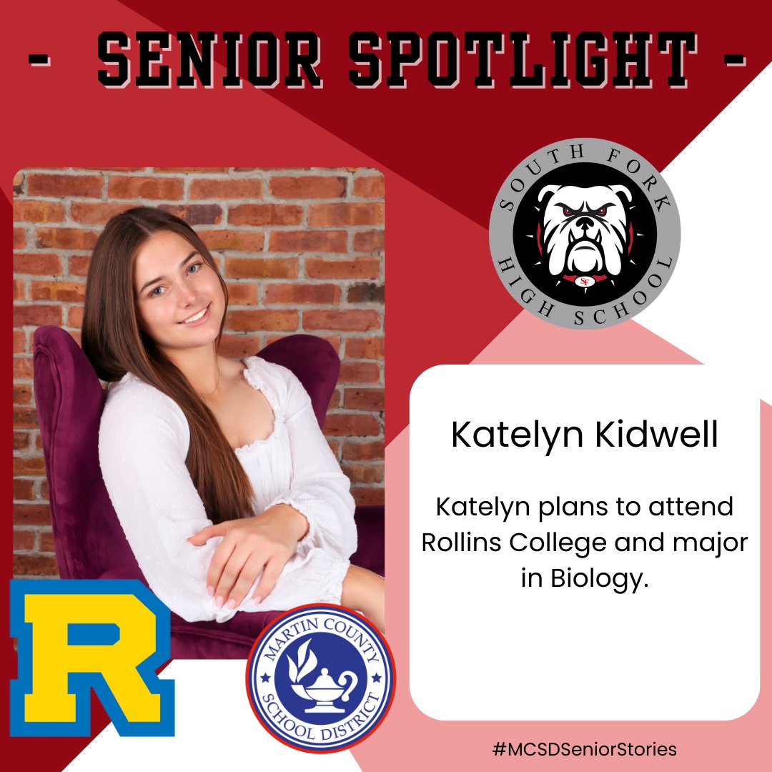 🎓#MCSDSENIORSTORIES🎓 This morning, we are shining a spotlight on @wearesouthfork senior Katelyn Kidwell! Katelyn plans to attend @rollinscollege and major in Biology. 🎉Congrats, Katelyn!🎉 #ALLINMartin👊 #PublicSchoolPROUD #Classof2024