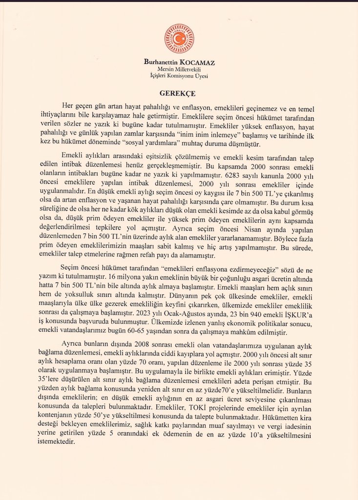 Mersin Milletvekilimiz Burhanettin Kocamaz'ın 'Emeklilerin yaşadıkları sorunlarının araştırılarak alınması gereken önlemlerin belirlenmesi” amacıyla Meclis Başkanlığına sunduğu önerge reddedilmiştir.