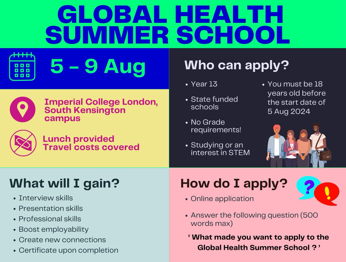🌎 Join us at the Year 13 Global Health Summer School ! 

📆 5 - 9 August 
📍 South Kensington @imperialcollege
⏰ Deadline: 6 June 23:59

Check out our webpage! Apply now! 👇
ow.ly/Rt7N50RzvuV

#SummerSchool #CareerTalk #STEM #Employability
