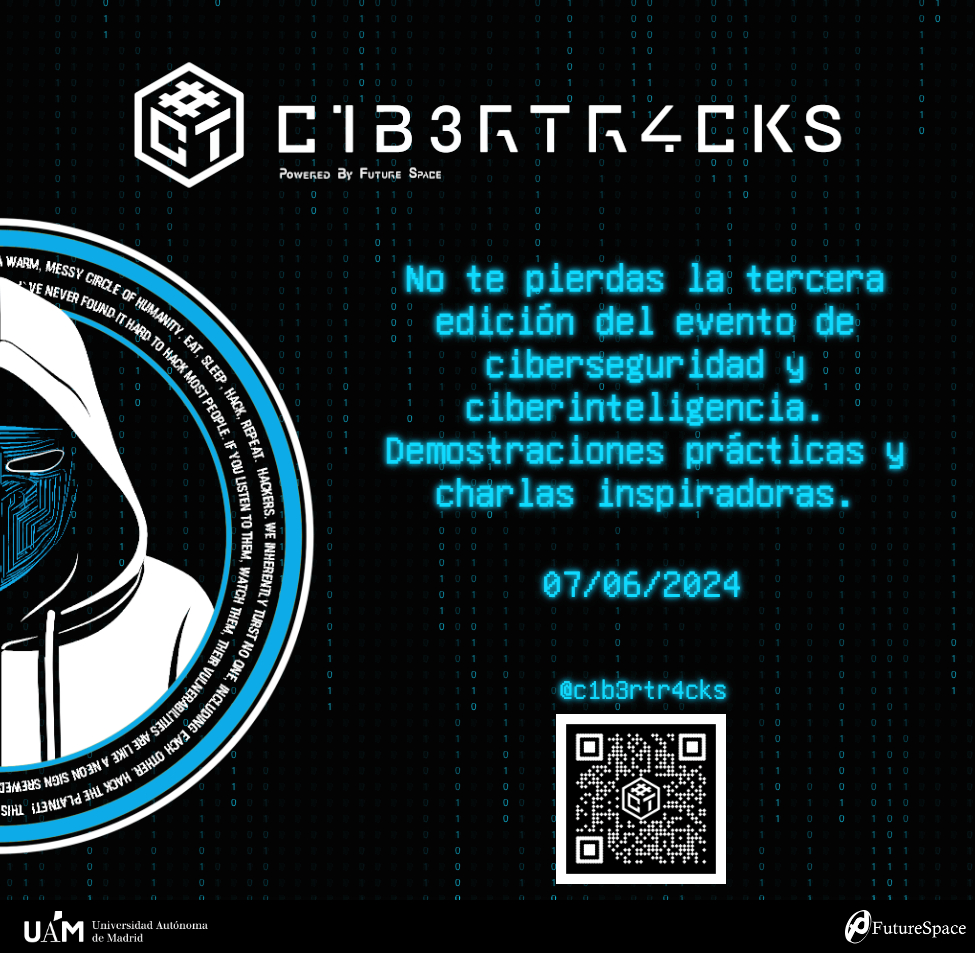 🔉Charlas de ciberseguridad y ciberinteligencia 🔒⛔

📆 7 de junio de 2024, de 8:00 a 15:00h.
Salón de grados. Escuela Politécnica Superior (UAM)

ℹ️ Dirigido a todos los públicos

Organiza <a href="/uamseif/">SEIF</a>

<a href="/c1b3rtr4cks/">C1B3RTR4CKS</a> <a href="/FutureSpaceES/">Future Space</a> <a href="/UAM_EPS/">UAM EPS</a>
shorturl.at/psDL0