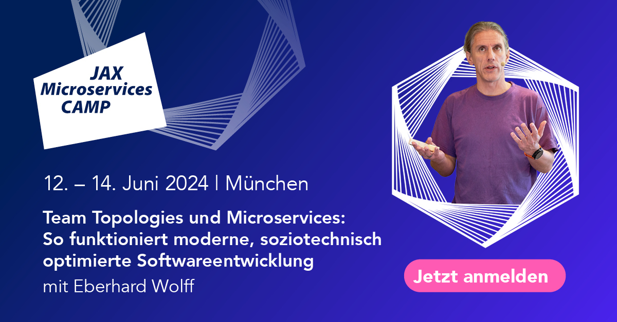 Nach der #jax ist vor dem Microservices Camp! 🚀 Seid im Juni in München dabei und erlebt ein erstklassiges Softwaretraining mit @ewolff 💻 Euch erwartet: - ein interaktives Training - mit einem praxisorientierten Ansatz - ... Seid dabei: jax.de/jax-microservi…