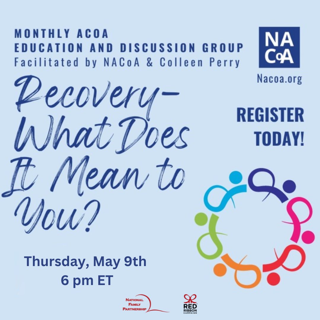redribbonweek's tweet image. Calling all adult children impacted by addiction! Join NACoA and host Colleen Perry for our monthly online meeting. Get educated, find support, and nurture your resilience. Don&apos;t miss out! #NACoA #AddictionSupport