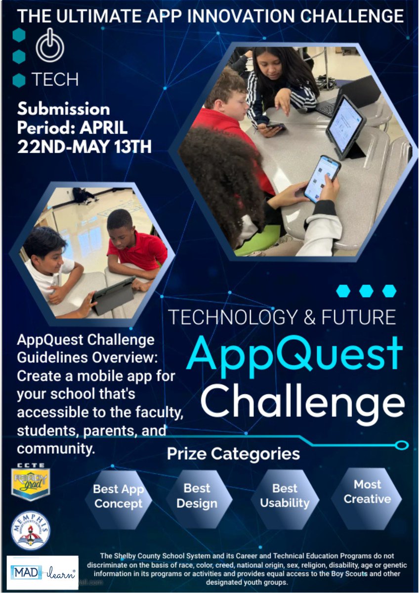 SUPER EXCITED about @MSCSK12's Technology and Future AppQuest Challenge! The ultimate app innovation challenge in which students use @MADLearn to create amazing mobile apps accessible to faculty, students, parents, & the community! #MSCSis901 #TEACHers @Teacher_lady_ #MSCSis901