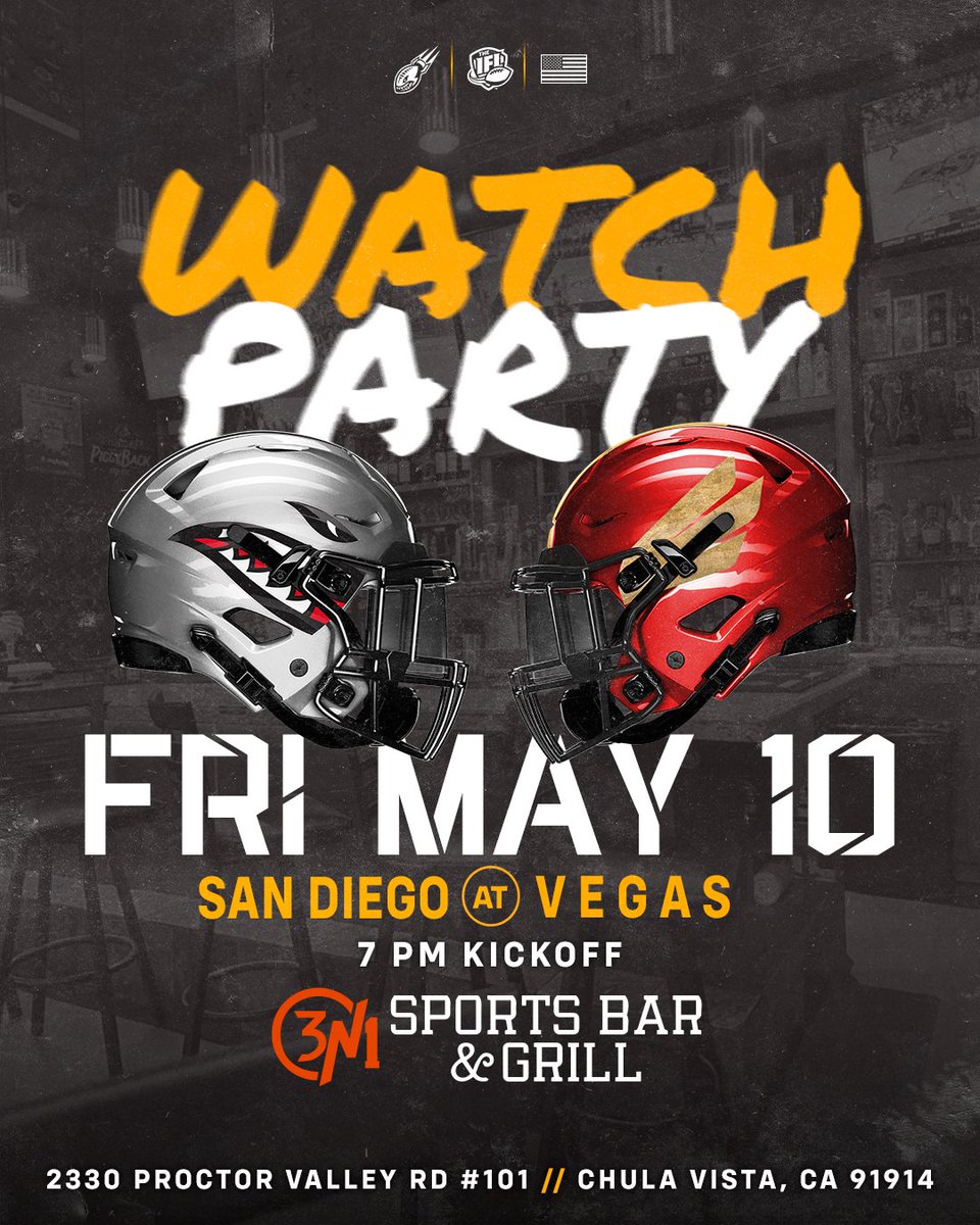 Join us at @3N1SportsBar for Strike Force away games during the 2024 @IndoorFL season! 🏈 Friday, May 10 at 7 PM PT 📍 2330 Proctor Valley Rd #101, Chula Vista, CA