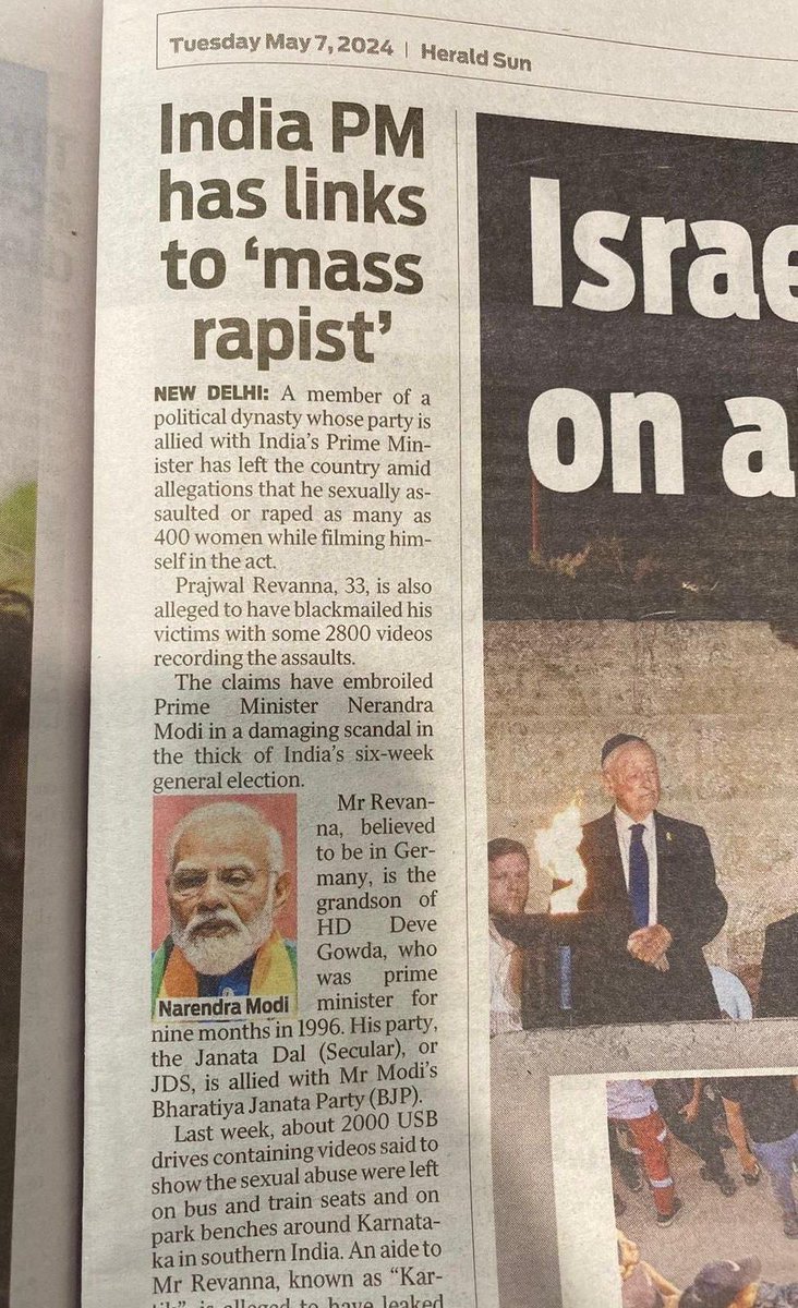 उधर ऑस्ट्रेलिया का प्रतिष्ठित अखबार अलग हमारे प्रधानमंत्री जी के सम्मान का डंका बजा रहा है। Links to Mass Rapist! धन्य है! इतनी प्रतिष्ठा 70 साल में पहली बार अर्जित की है देश ने। 🤦😤😔