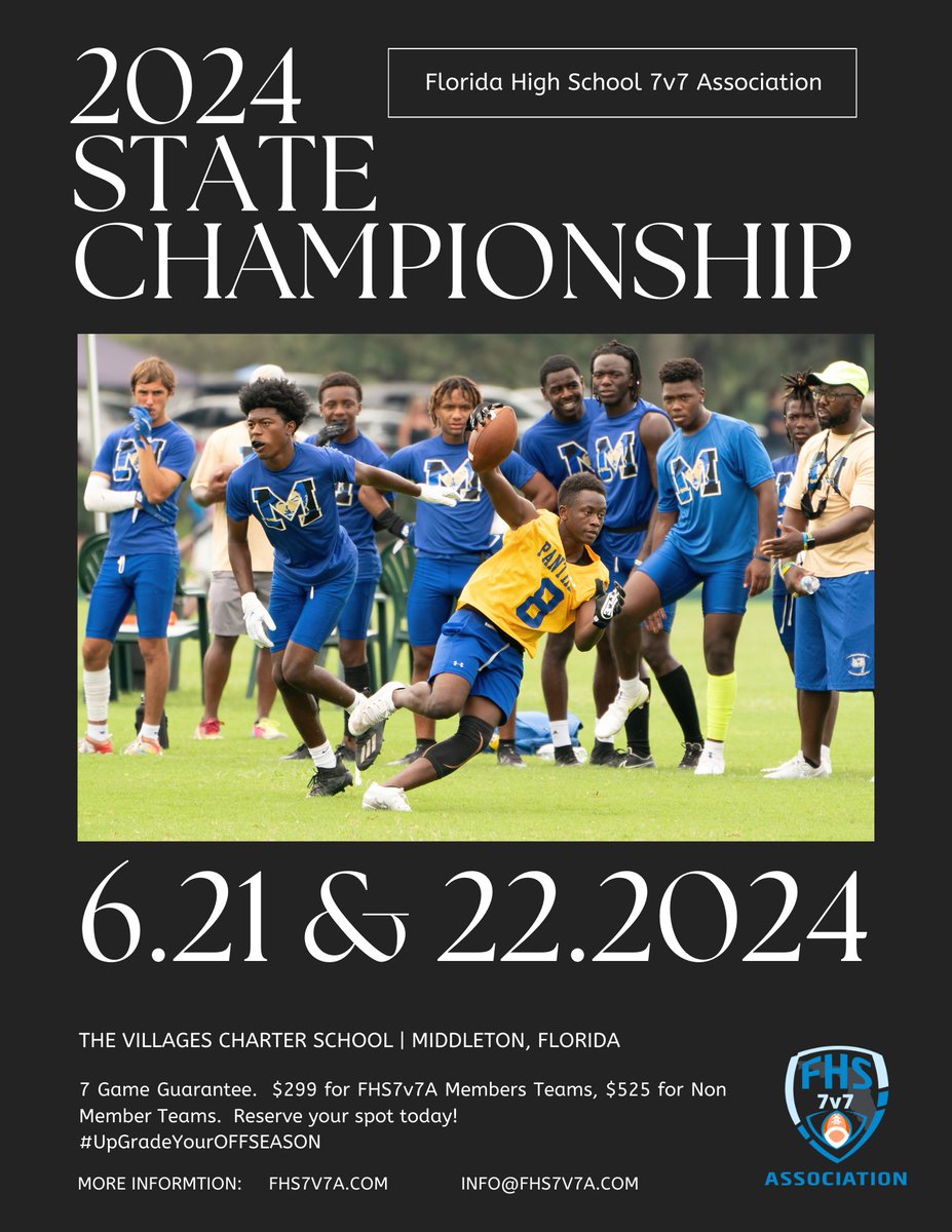 Coaches, Information packets have been emailed out to all coaches who have asked to reserve a spot in the 2024 FHS7v7A State Championship Tournament on June 21st & 22nd at The Villages. If you did not receive an email, please dm us asap, so we can get you the important info…