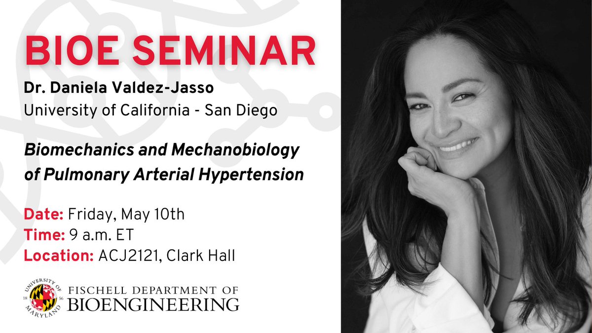 Join us this Friday (May 3) at 9:00 a.m. for our BIOE Seminar featuring Dr. Daniela Valdez-Jasso @Daniela_ValdezJ from the University of California - San Diego. Read her bio and seminar abstract at bioe.umd.edu/event/19193/bi…
