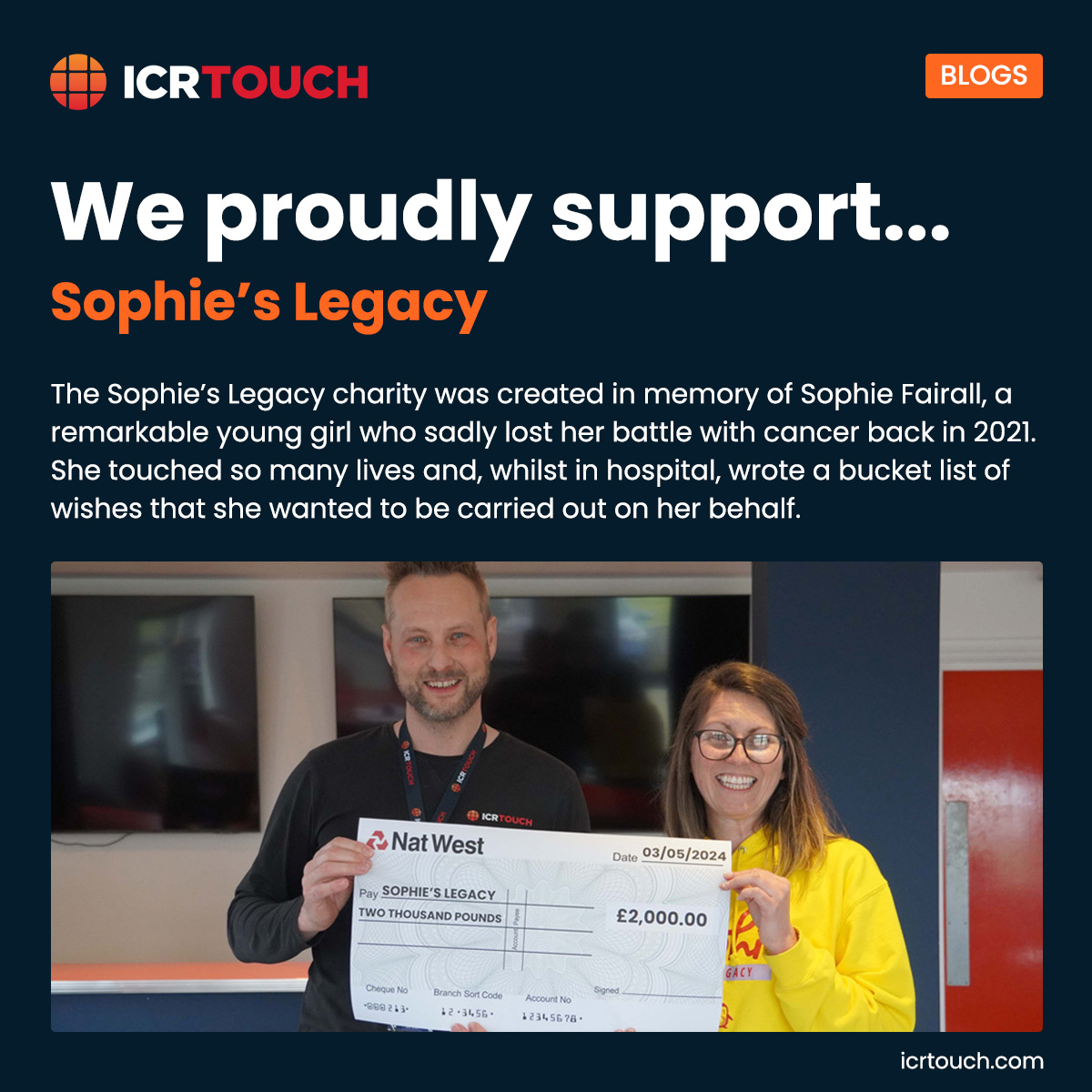 The Sophie’s Legacy charity was created in memory of Sophie Fairall, a remarkable young girl who sadly lost her battle with cancer back in 2021 🎗️✨

Read the full article here: bit.ly/4btW9mV

#sophieslegacy #weareICRTouch
