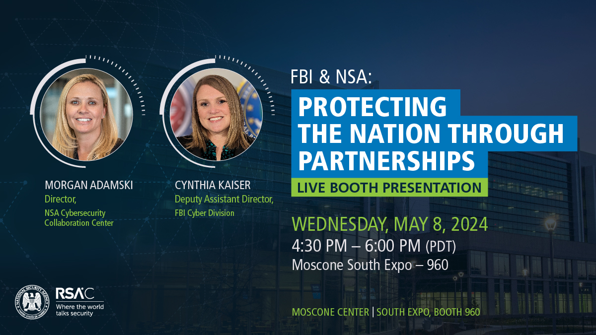 Welcome to day three of #RSAC 2024! Our impressive line-up today kicks off with @NSA_CSDirector Dave Luber at 9:40am, followed by Michael Jenkins on a panel at 2:25pm. Close out the day with us at a pop-up booth event featuring Morgan Adamski and FBI Cyber DAD Cynthia Kaiser.