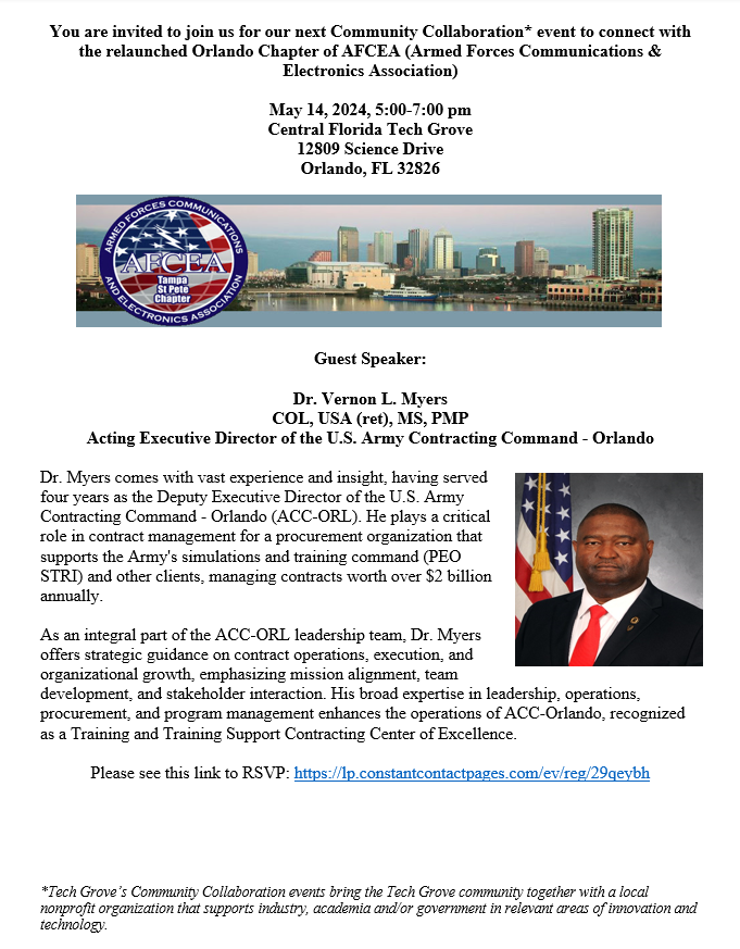 Join us May 14th from 5-7pm for our Community Collaboration with AFCEA Central Florida! 

Connect & hear guest speaker Dr. Vernon L. Myers from ACC Orlando.
RSVP at hubs.la/Q02wxQ9M0
#TechGrove #CentralFloridaTechGrove #TechEvents 
#Networking #Innovation #Learning #Events