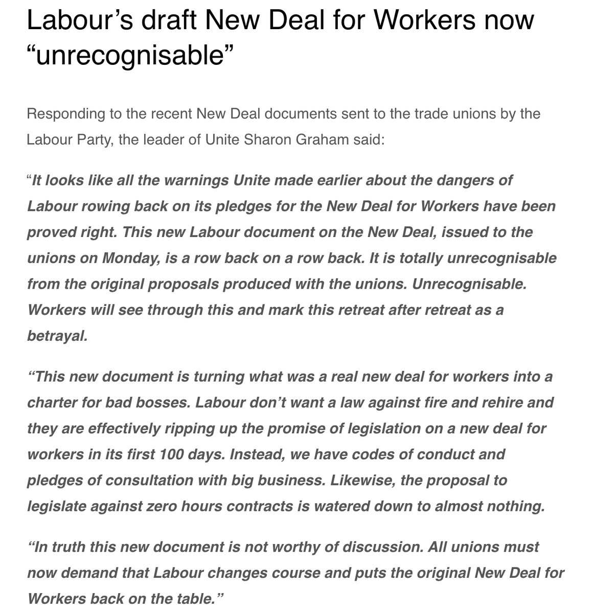 Labour's last distinctive policy package standing was on workers' rights. Well, that's now been trashed. According to Unite general secretary @UniteSharon, it's now 'unrecognisable'. She says: 'In truth this new document is not worthy of discussion.'