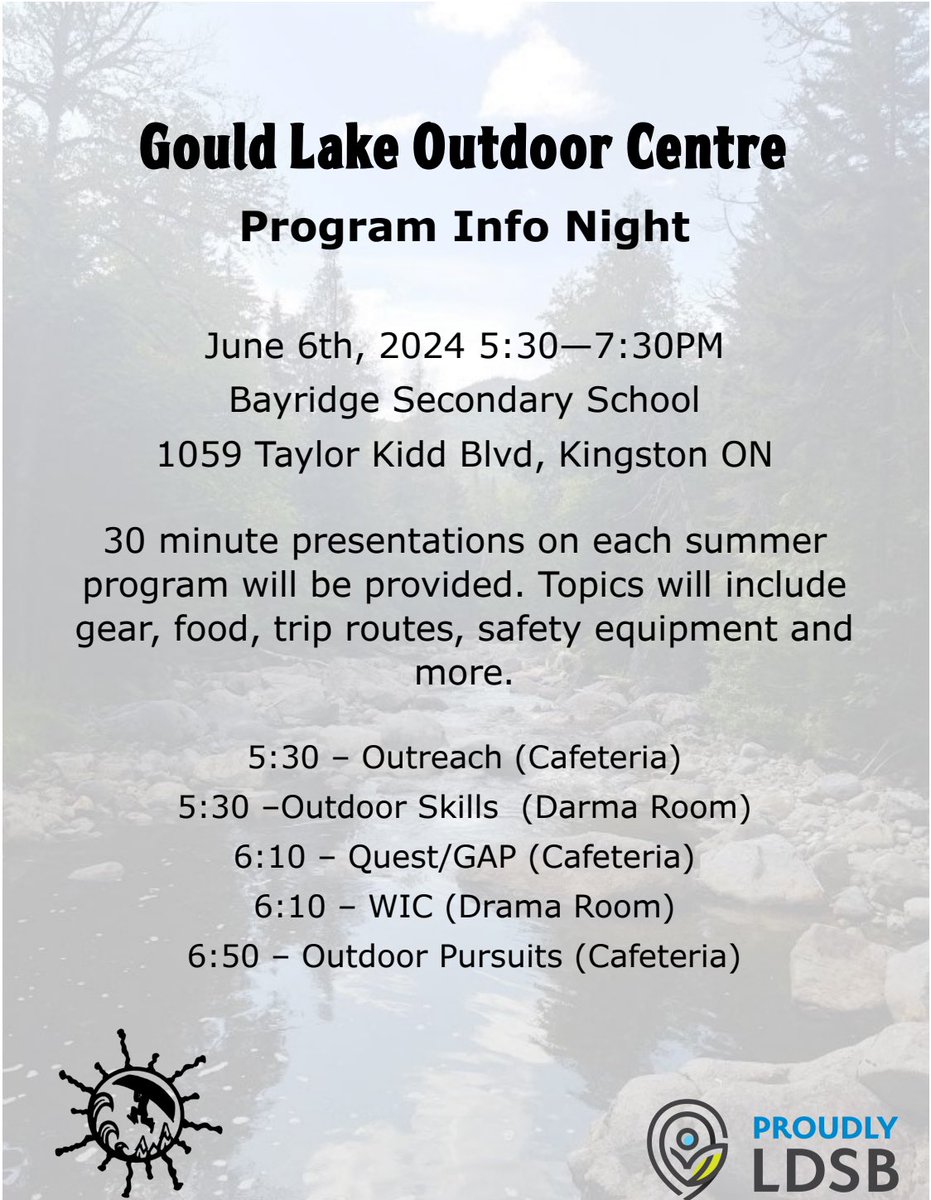 Attention GLOC students and families: 

Save the Date!
June 6, 2024, Gould Lake Outdoor Centre Program Information night for our credit based wilderness trip programs. 

See photos below for details