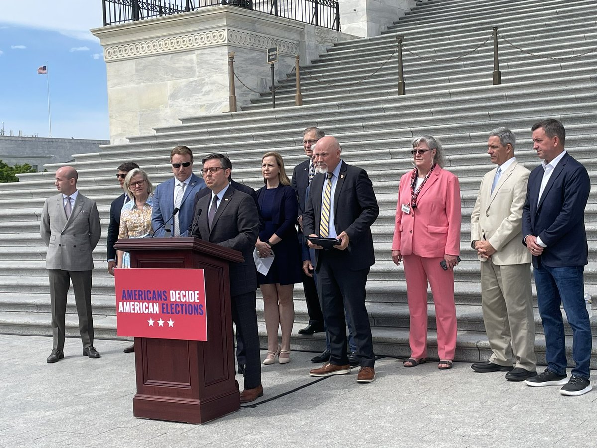.@SpeakerJohnson appearing on steps of the Capitol with conservatives including Stephen Miller, Cleta Mitchell and Ken Cuccinelli on their election bill to prevent non-citizens from voting — something already illegal.
