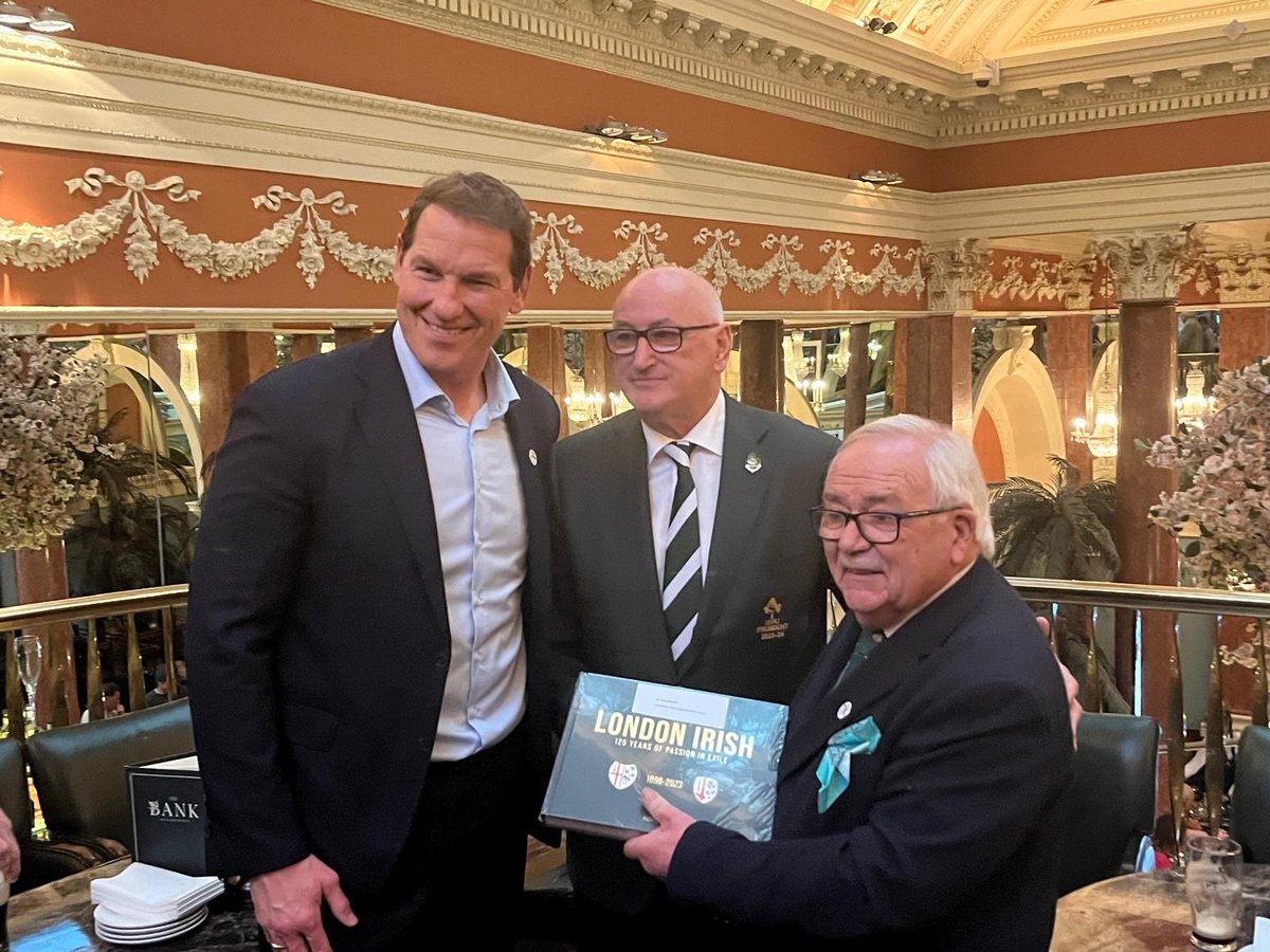 Author Paddy Lennon presents Greg Barrett, President of the Irish Rugby Football Union, with a copy of  "London Irish - 125 years of Passion in Exile", at a reception in Dublin hosted by the club's former captain and chief executive Bob Casey (on left). #exilenation