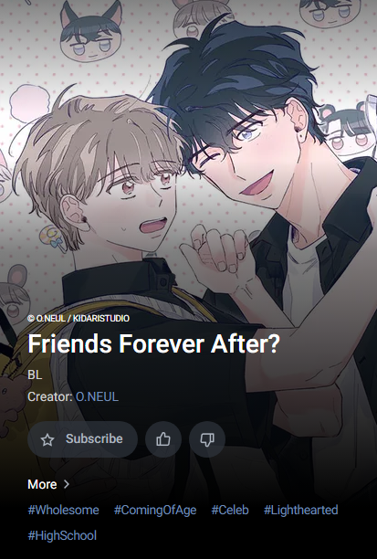 You can now see <우정뽀> on lezhin us!
The English title is <Friends Forever After?>. See you every Wednesday👋👋

lezhinus.com/en/comic/forev…

 sooooo lovely title☺💜💛