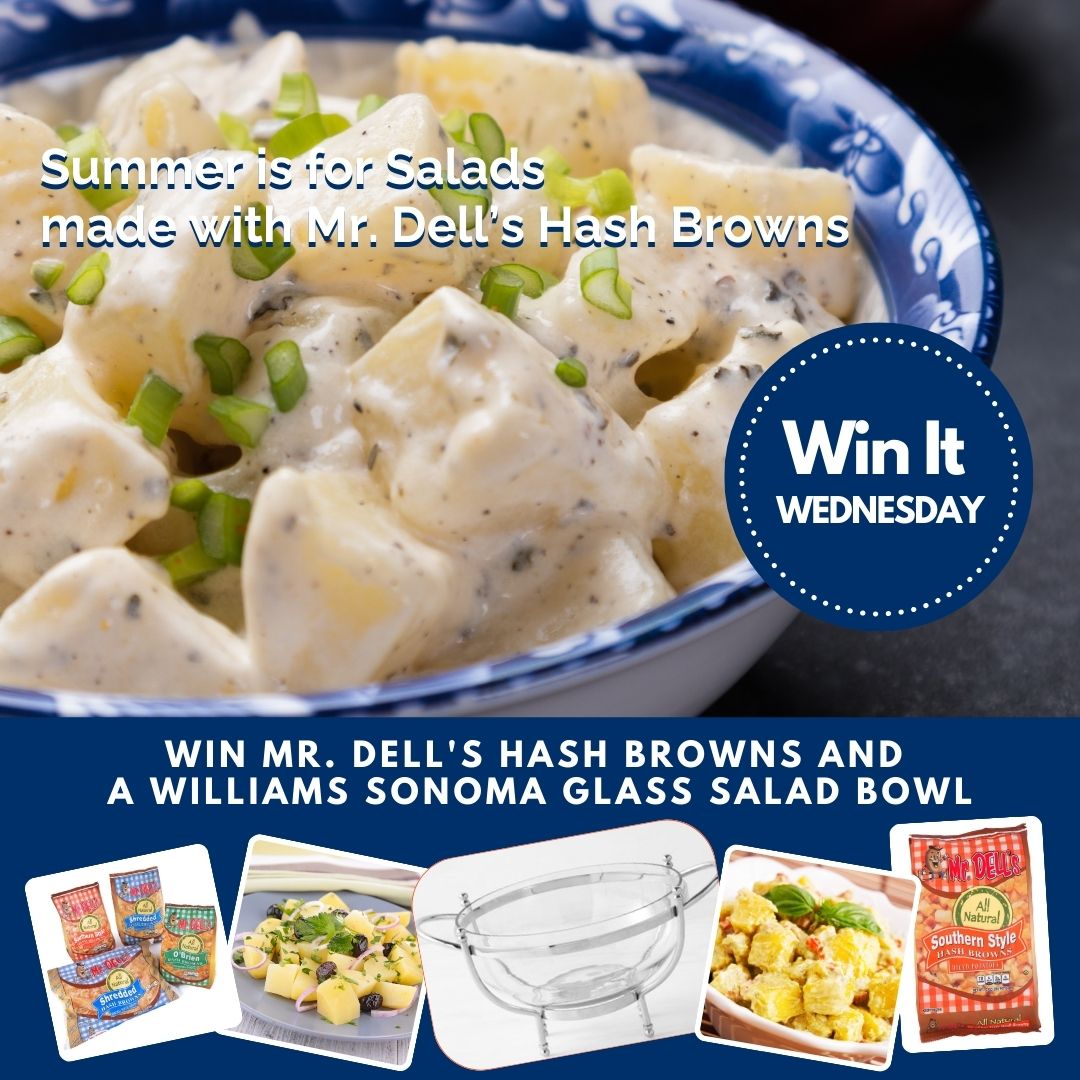It's #WinItWednesday. Enter here woobox.com/pgbcsj to win a lux Glass and Stainless Steel Salad Bowl from Williams Sonoma and Mr. Dell's #HashBrowns. Impress your guests with Mr. Dell's Potato Salad Recipe —find it now at MrDells.com. #MrDells #ContestAlert