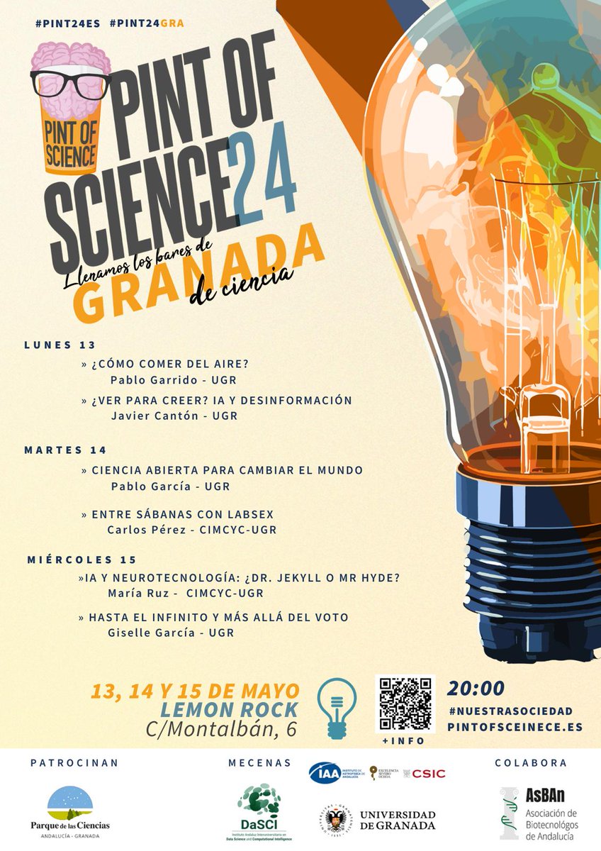 ⏳ Empieza la cuenta atrás para el #Pint24GRA! 

A la programación cultural del <a href="/LemonrockGr/">lemonrockgranada</a> se le suman las increíbles charlas que nuestros ponentes darán los días 13, 14 y 15 de mayo a las 20.00h. 
¿Te las vas a perder? 😏 

#NUESTRASOCIEDAD💡
#Pint24ES #PINT24 <a href="/pintofscienceES/">Pint of Science ES</a>