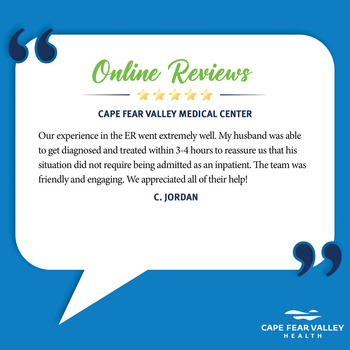 Thank you for the review, C! We appreciate you choosing our care team; we hope your husband is feeling well now! If you've had a great experience at any Cape Fear Valley Health or Harnett Health facility, we'd like to hear about it. Inbox us to share your story today!
